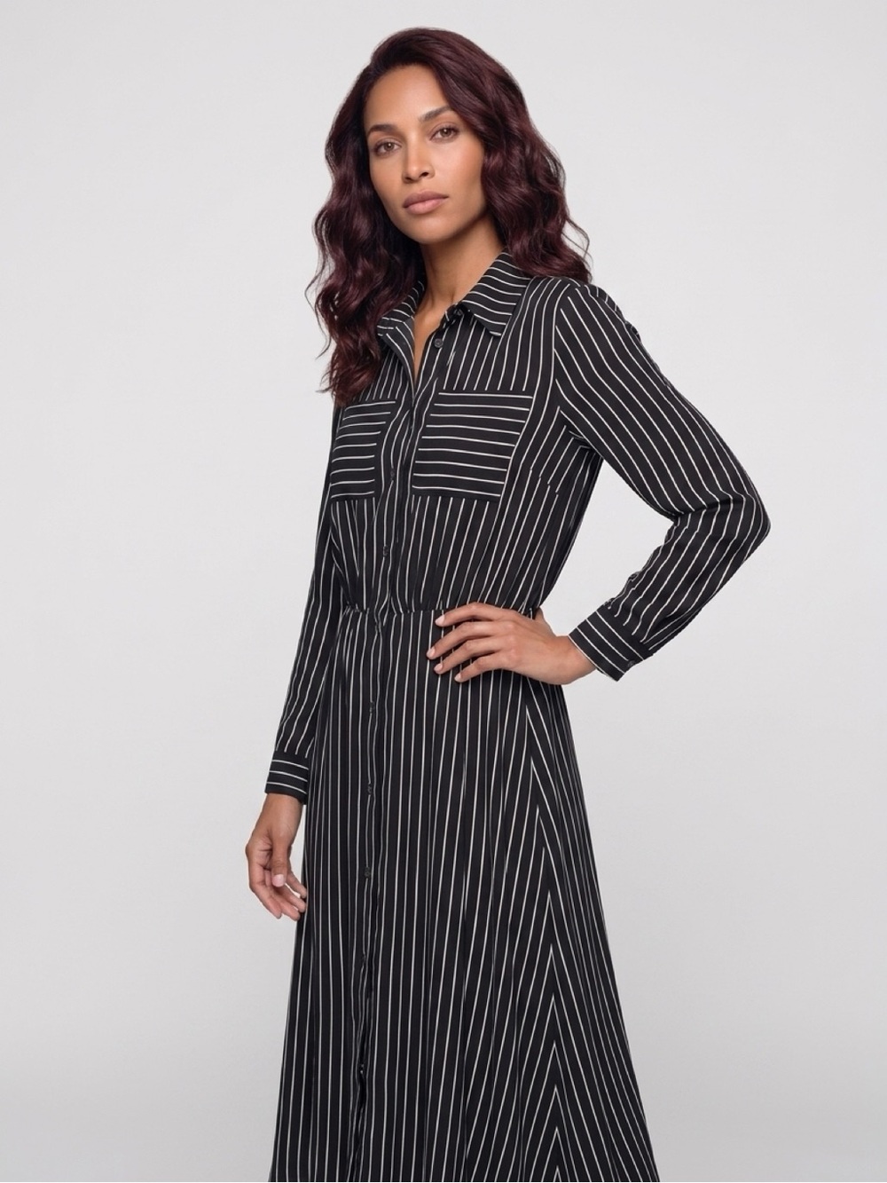 Who What Wear Women's Black and White Striped Long Sleeve Shirt Dress Size M